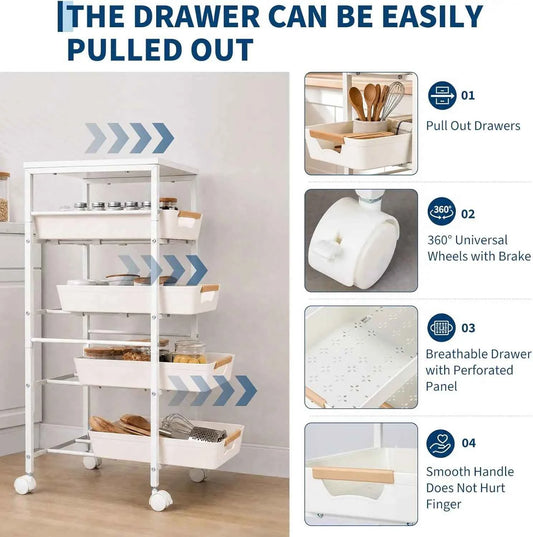 5-Tier Slim Rolling Storage Cart, Narrow Kitchen Cart with Wooden Top and Pull-Out Baskets, Mobile Shelving Unit Organizer for Kitchen, Bathroom, Laundry