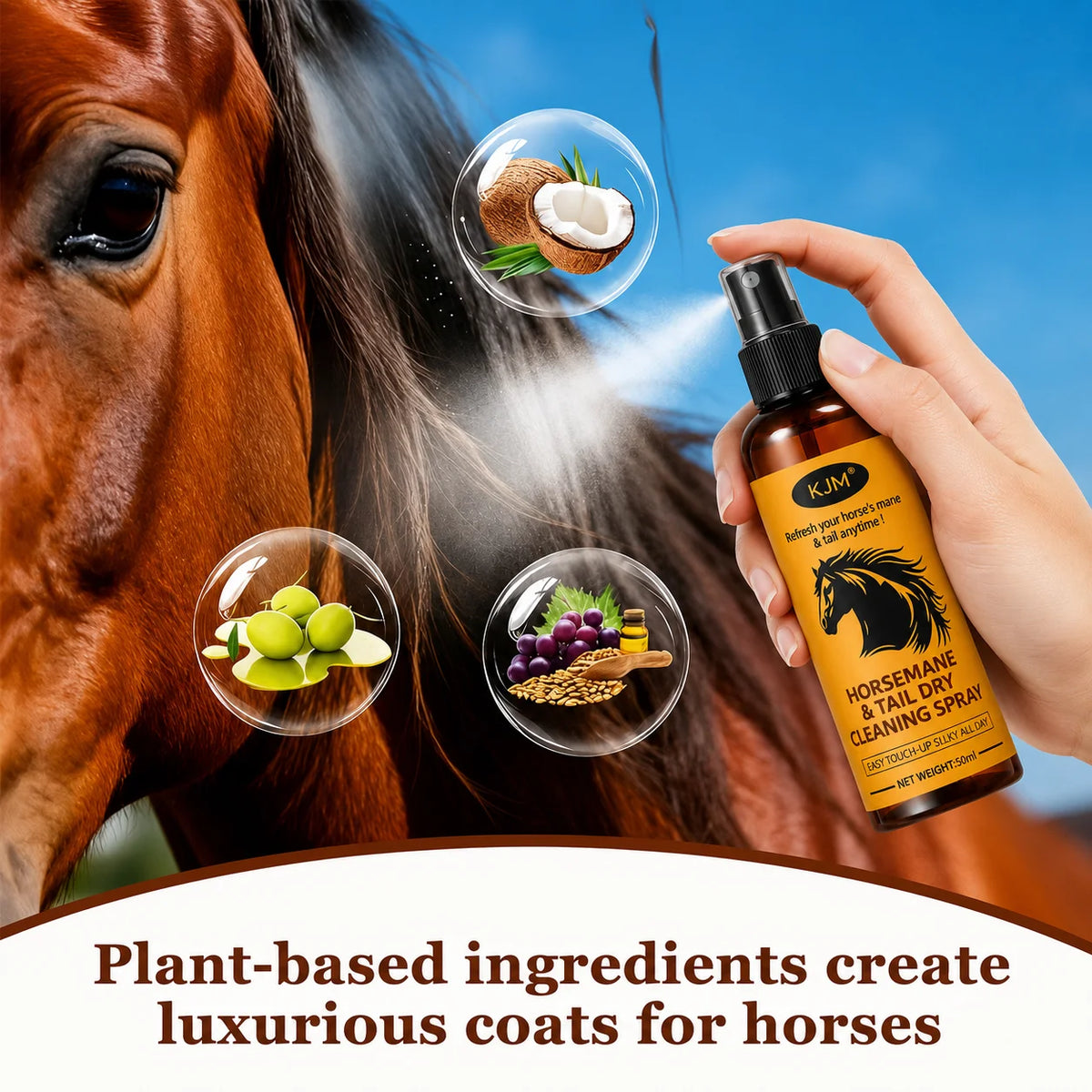KJM Horse Mane & Tail Detangling Spray. Mild Natural Botanical Extract, Quick, Smooth, Soft Shiny Non Greasy Equine Daily Groom Spray