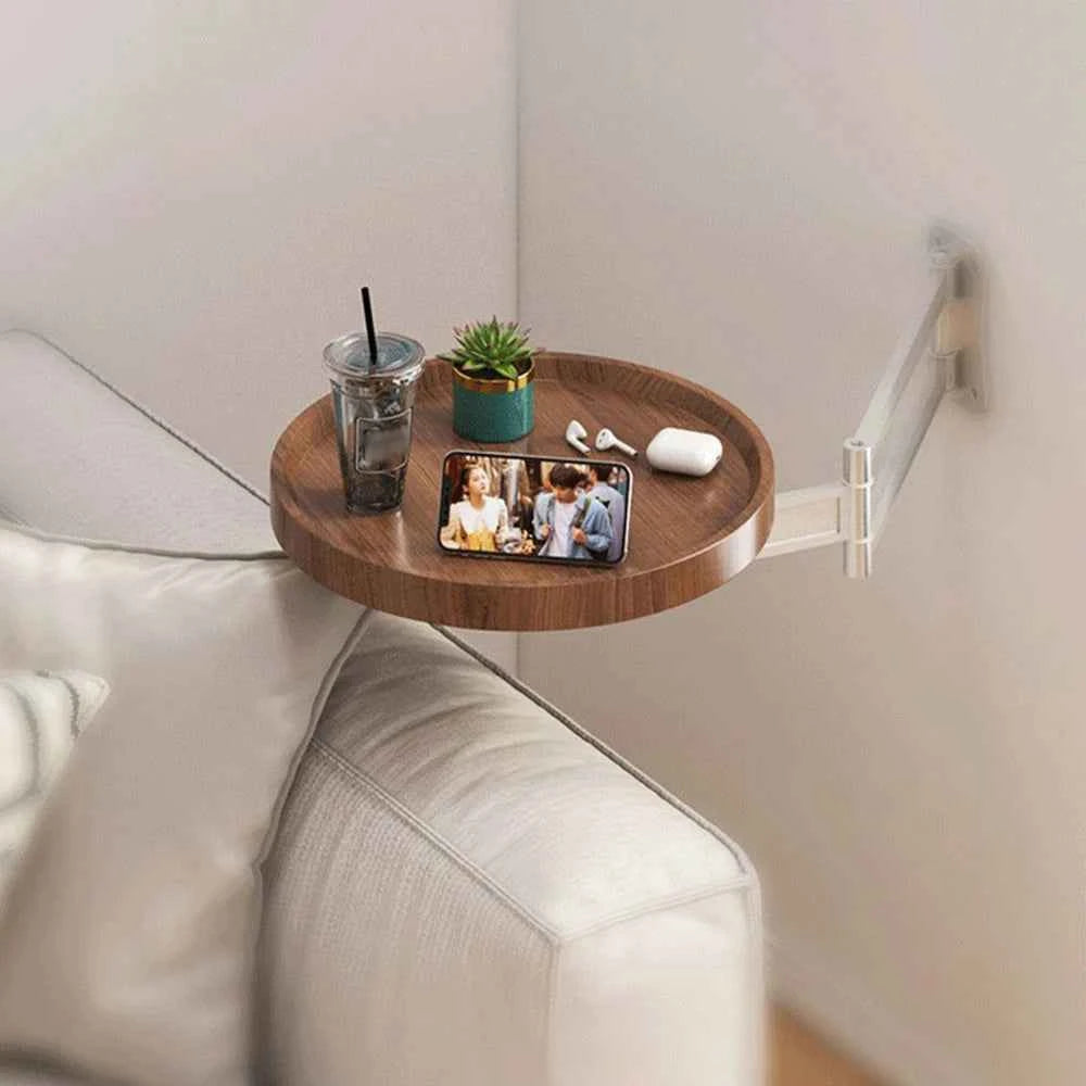 Adjustable Foldable Wall Mounted Round Wooden Side Table. Rotatable Swing Arm. Space Saving Fold Down Wall Shelf