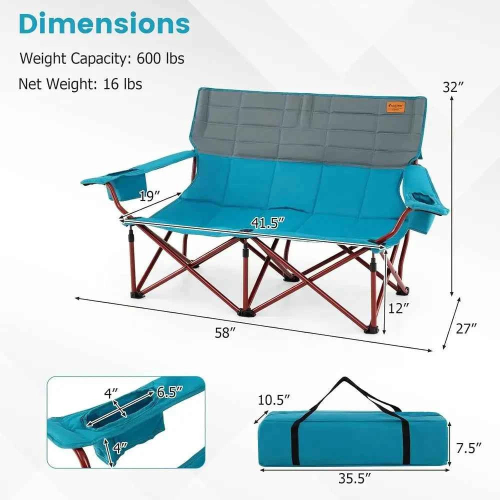 Double Camping Loveseat with Cup Holders, Thick Padding, Heavy-Duty Outdoor Chair for 2, Supports 660 LBS