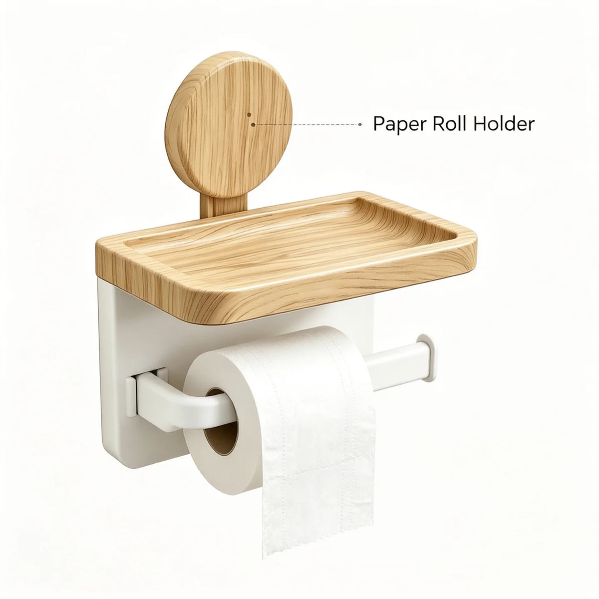 No Drill Wall Suction Cup Toilet Paper Holder Wood‑Look Tray Bathroom Tissue Holder with Phone Shelf