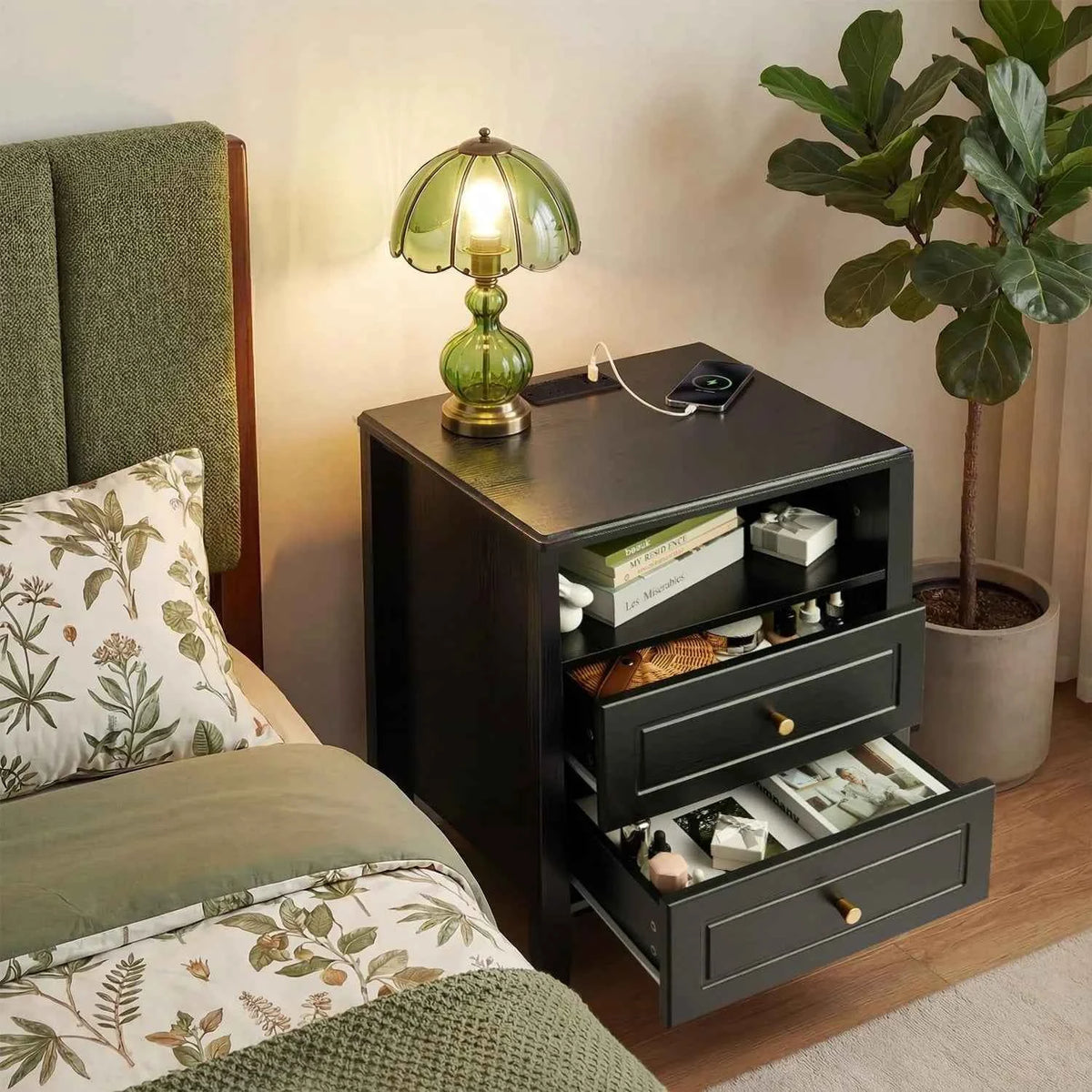 Nightstand with Charging Station, 2 Drawers and Open Shelf. With USB Type C Port & AC Outlet. Farmhouse Storage Cabinet.  Black