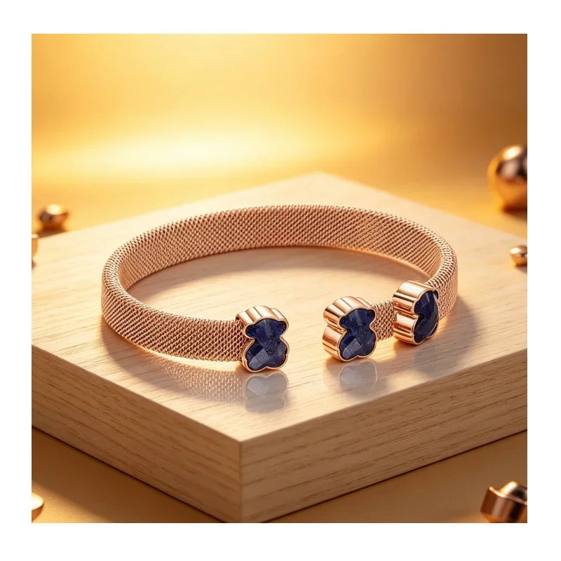 Rose Gold Mesh Cuff Bracelet with Blue Bear Stone Charms, Elegant Jewelry for Women
