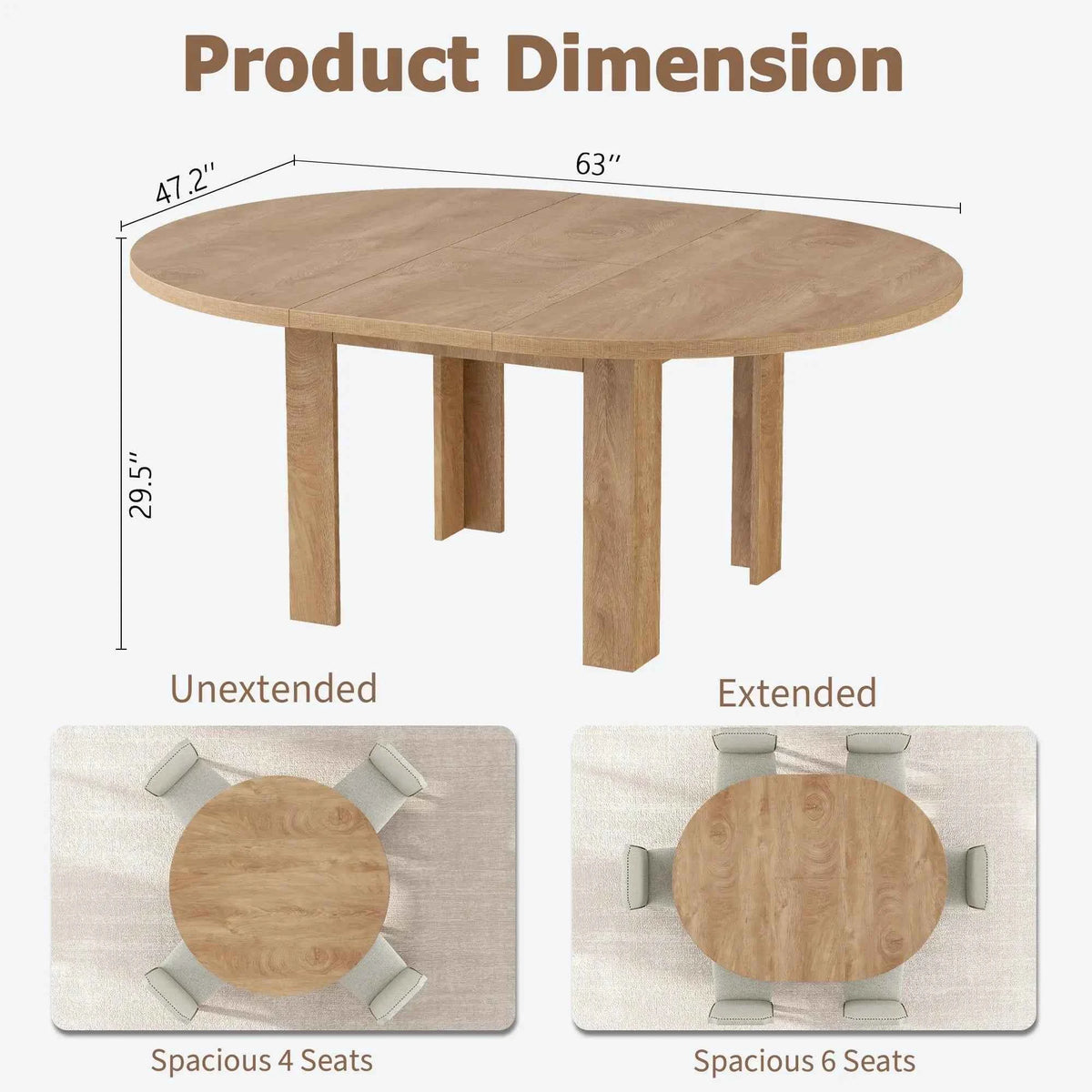 47-63 Inch Extendable Round To Oval Dining Table For 4-6, Farmhouse Kitchen Table With Hidden Leaf Storage And Sturdy Wood Legs