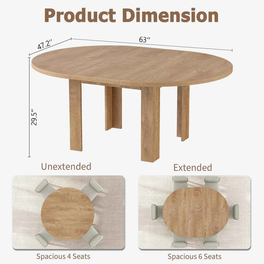 47-63 Inch Extendable Round To Oval Dining Table For 4-6, Farmhouse Kitchen Table With Hidden Leaf Storage And Sturdy Wood Legs