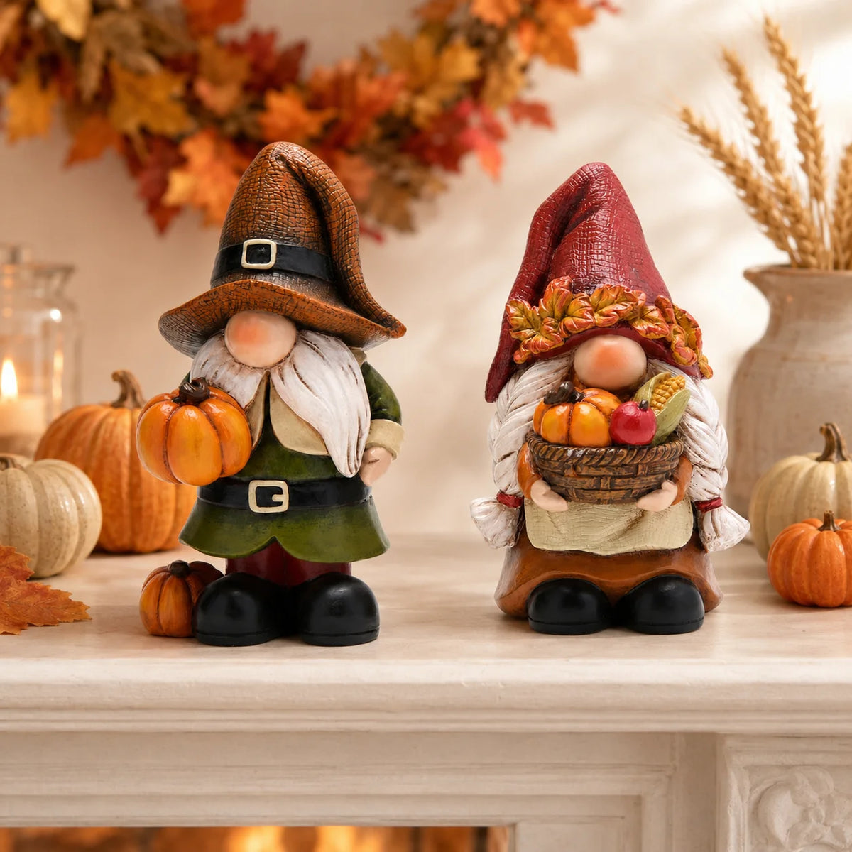 Hodao Resin Fall Gnome Figurine Set, 2-Piece Thanksgiving Gnome Figure Model with Pumpkin, Harvest Basket, Autumn Leaves and White Beard, Collectible Tabletop, Shelf Sitter Decor for Fireplace Mantel, Tiered Tray Home Display