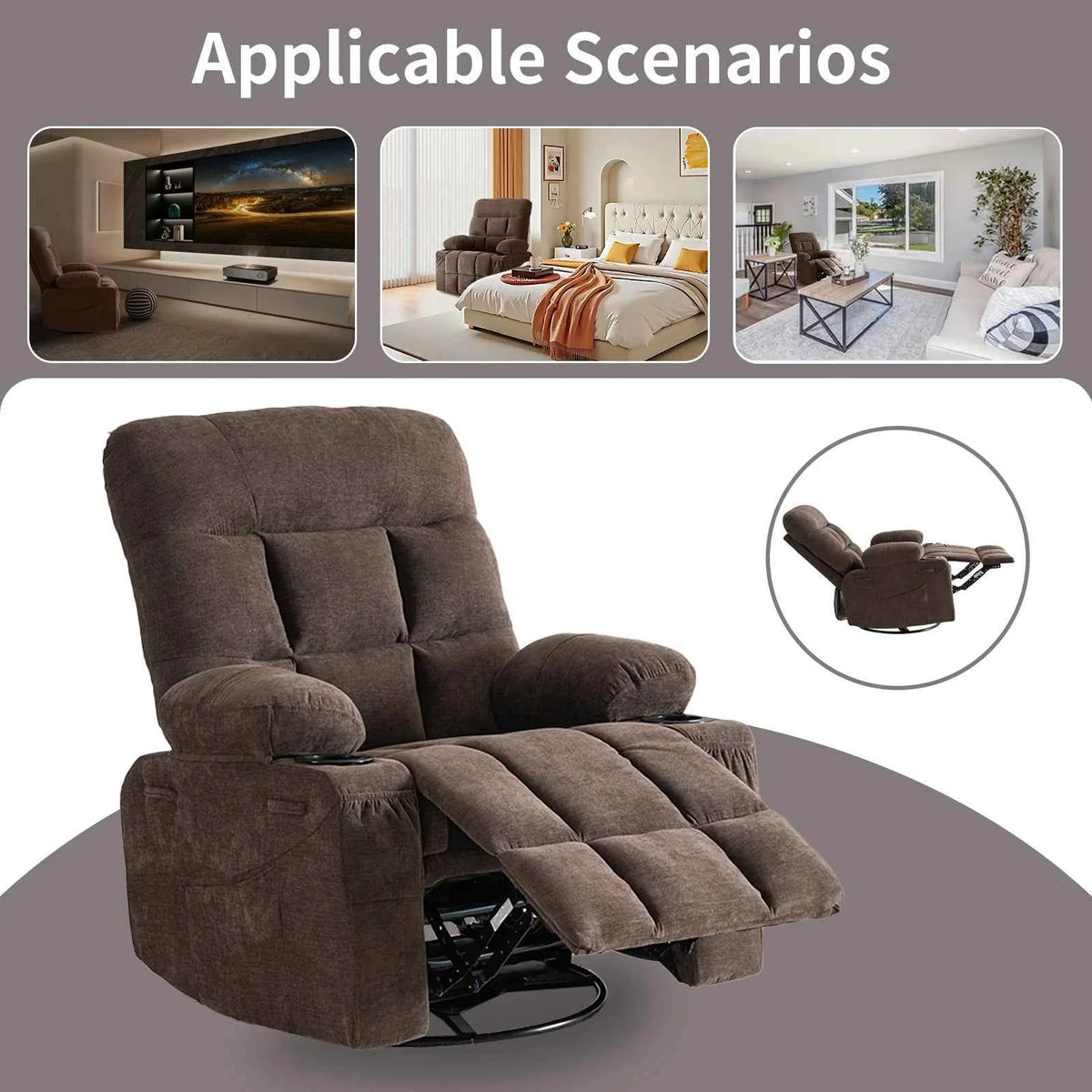 360° Swivel Rocker Recliner Chair with Cup Holders & Side Pockets,