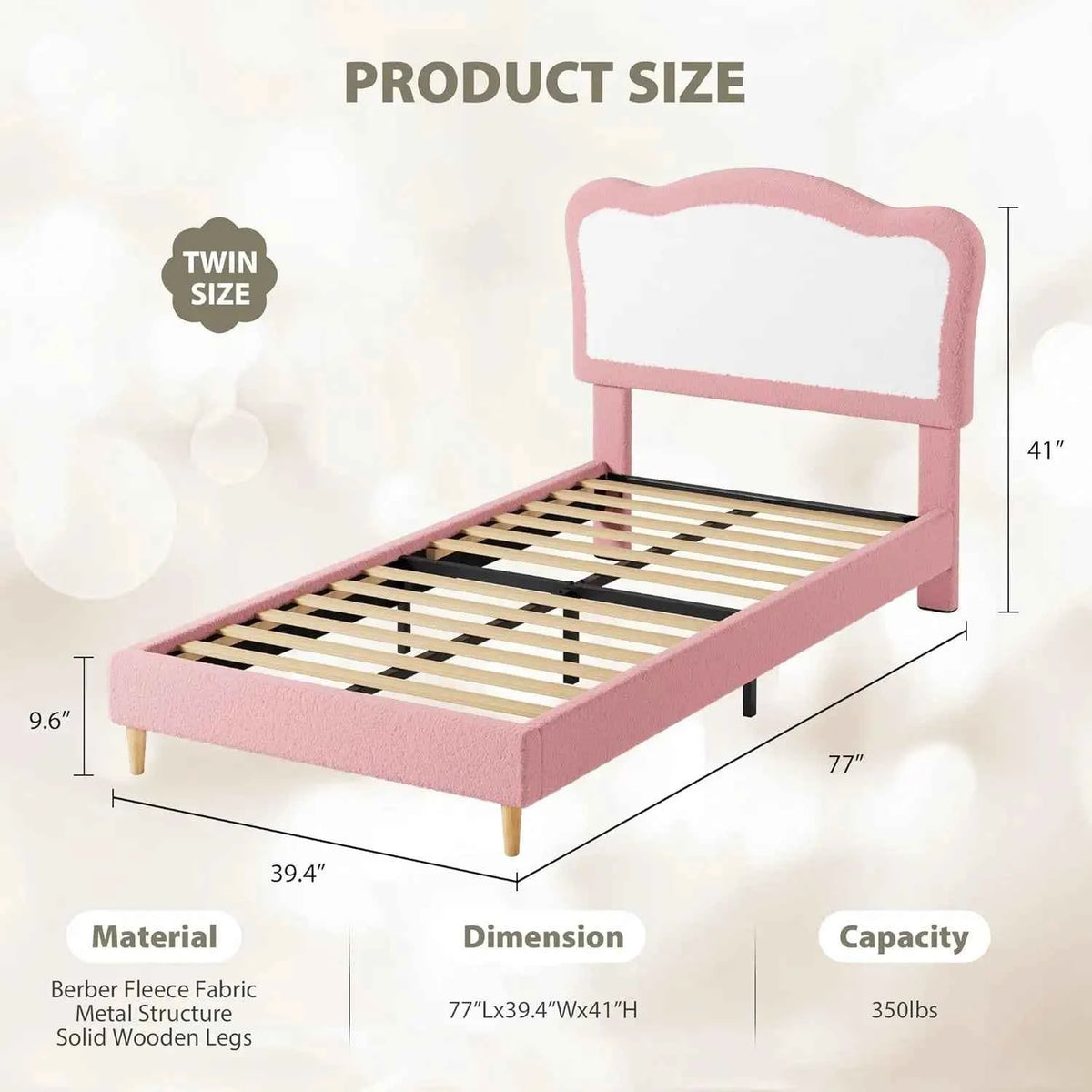 Kids Upholstered Twin Bed Frame with Scallop Headboard, Cute Velvet Twin Bed with Sturdy Platform. No Box Spring Needed, Wooden Slats, Noise Free, Pink & White