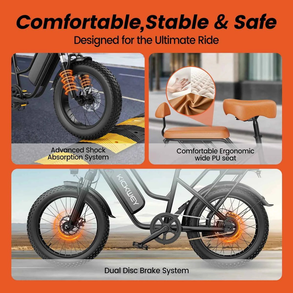 KICKWEY LD20 Electric Bicycle, 1500W, 48V, 20AH, 250W Electric Road Bike. Double Seat for Adults And Kids. 20x3.0 Fat Tire,  E-Bike for Adults