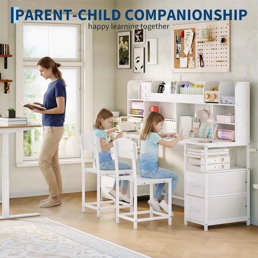 69 inch Double Kids Desk & Chair Set With Hutch, 4 Drawers, Shelves & Hooks, 2-Person Study Table Ages 6-12 Bedroom Playroom