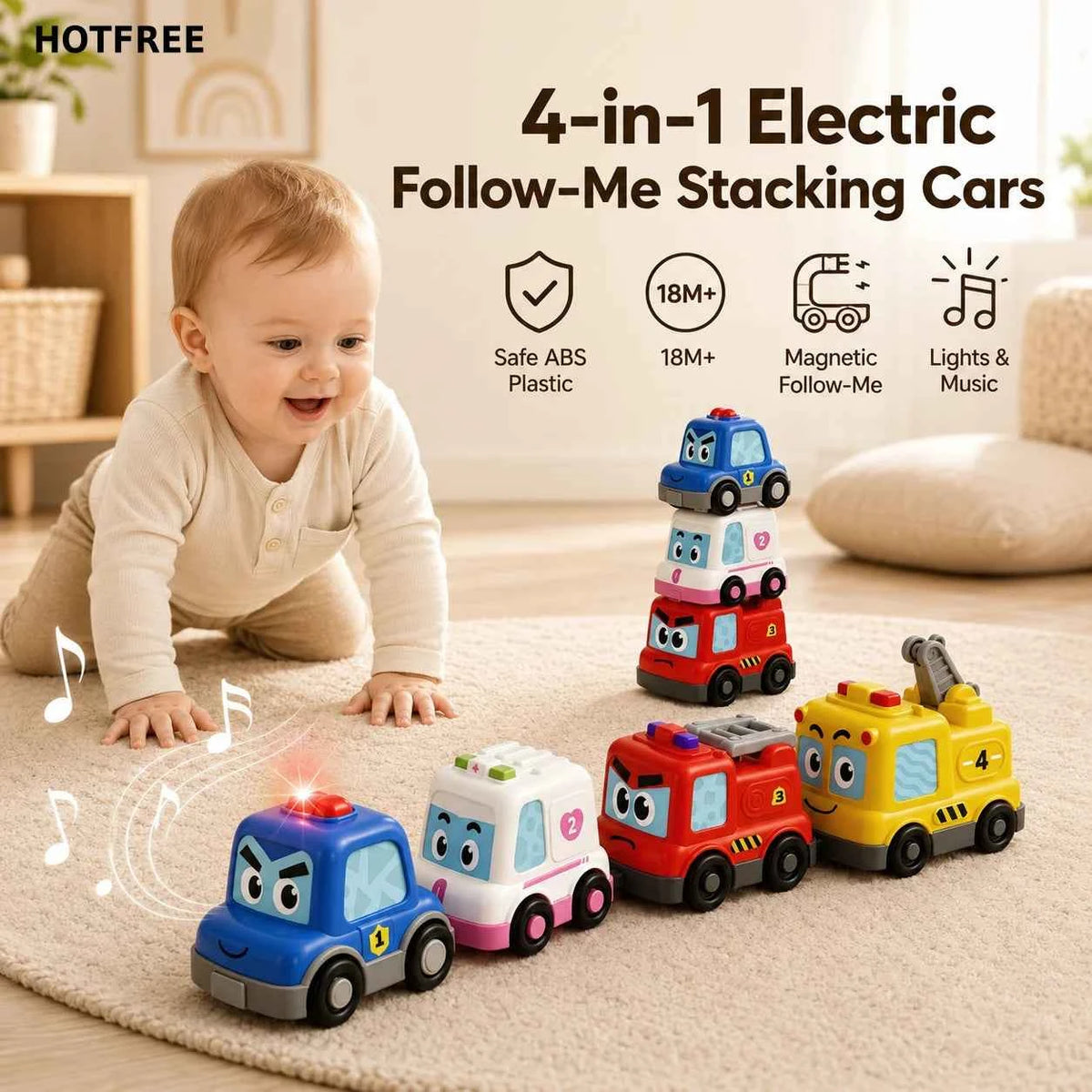 4 in 1 Montessori Toy Cars Set - Stacking Nesting Magnetic. Following Toddler Toys 1-2, Sensory Toys with Lights, Music & Cars Toys, STEM Educational Toy, Baby Toys, Christmas, & Birthday Gifts for Boys & Girls