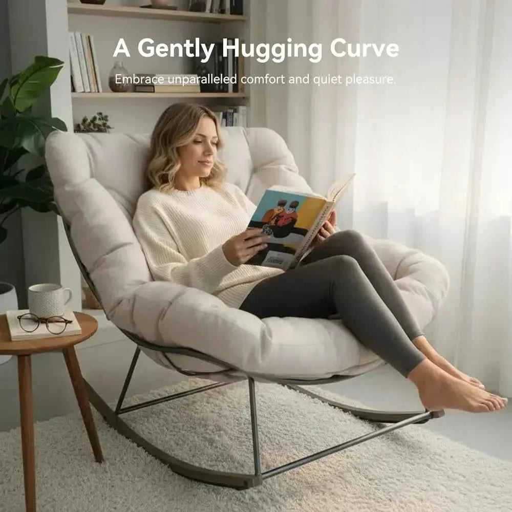 Oversized Outdoor Rocking Chair with Cushion, Egg-shaped Papasan for Patio, Garden, Beige