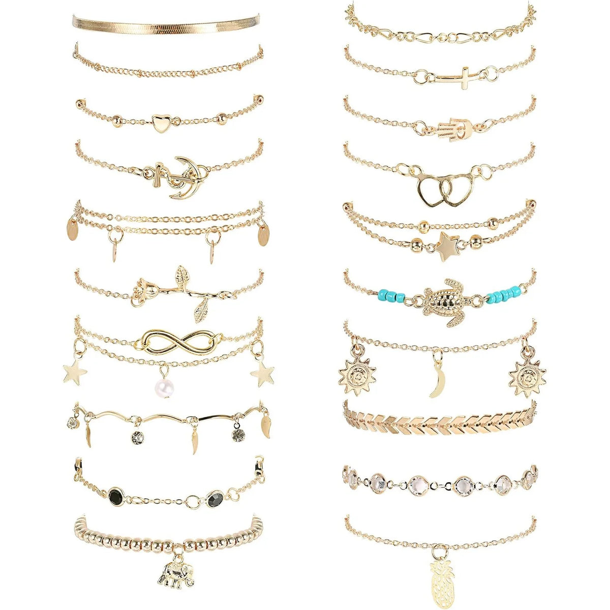 20Pcs Ankle Bracelets for Women, Waterproof Summer Beach Anklets, Boho Cute Charm Anklets, Layered or Stackable Women's Anklet Bracelets Set. Non Tarnish Foot Jewelry