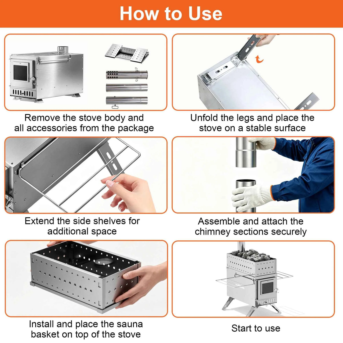UNHO tent stove, portable wooden stove, large stainless steel tent fireplace, equipped with 6 chimney pipes, suitable for outdoor heating, cooking, hunting, barbecue and ice fishing.