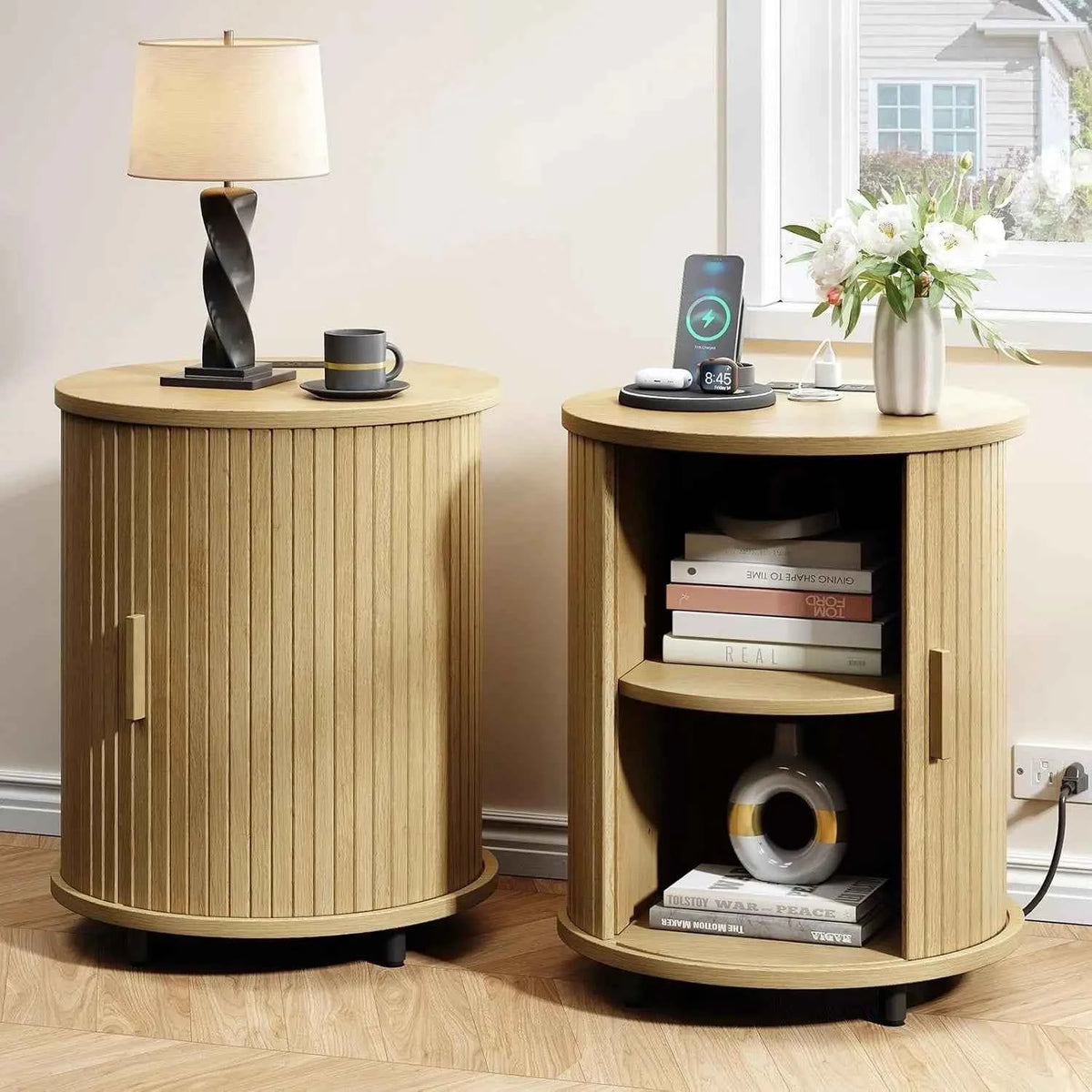 Black Small Round Side Table with Storage, Fluted Nightstand with Charging Station, Modern Bedside Tables, End Tables