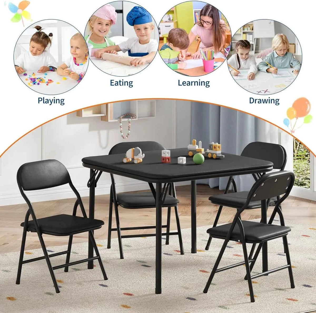 5-Piece  Kids Folding Table and Chairs Set. Upholstered Chairs, Waterproof PU Top, No Assembly, Toddler Furniture, Black
