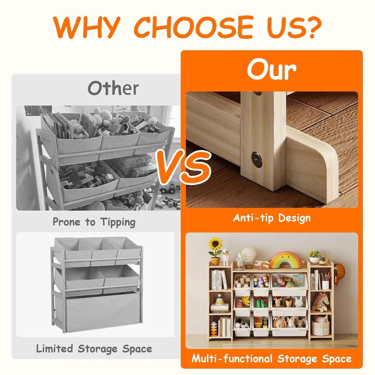 White Bookshelf and Toy Storage Organizer with 6 Shelves, 9 Bins, & 6 Hooks,