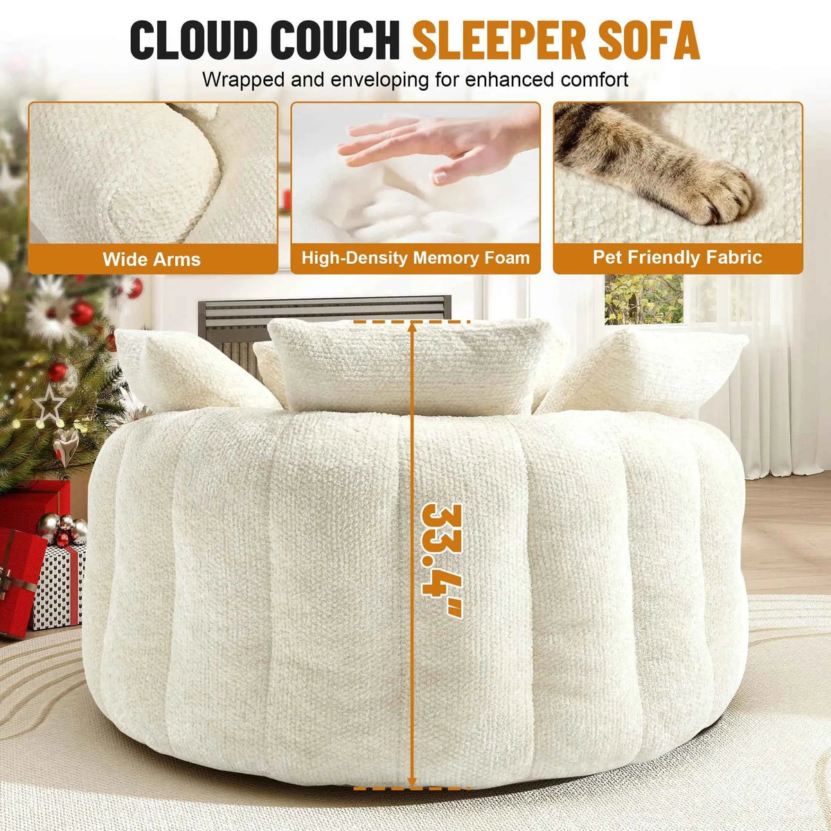 54.3" Round Chaise Lounge Chair, Modern Upholstered Boneless Couch with 5 Throw Pillows and Deep Seat