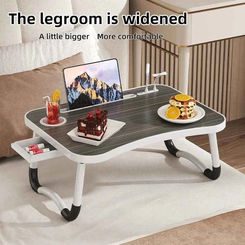Portable & Foldable Laptop Table with Storage Drawer, Tablet Slot, & Cup Holder.