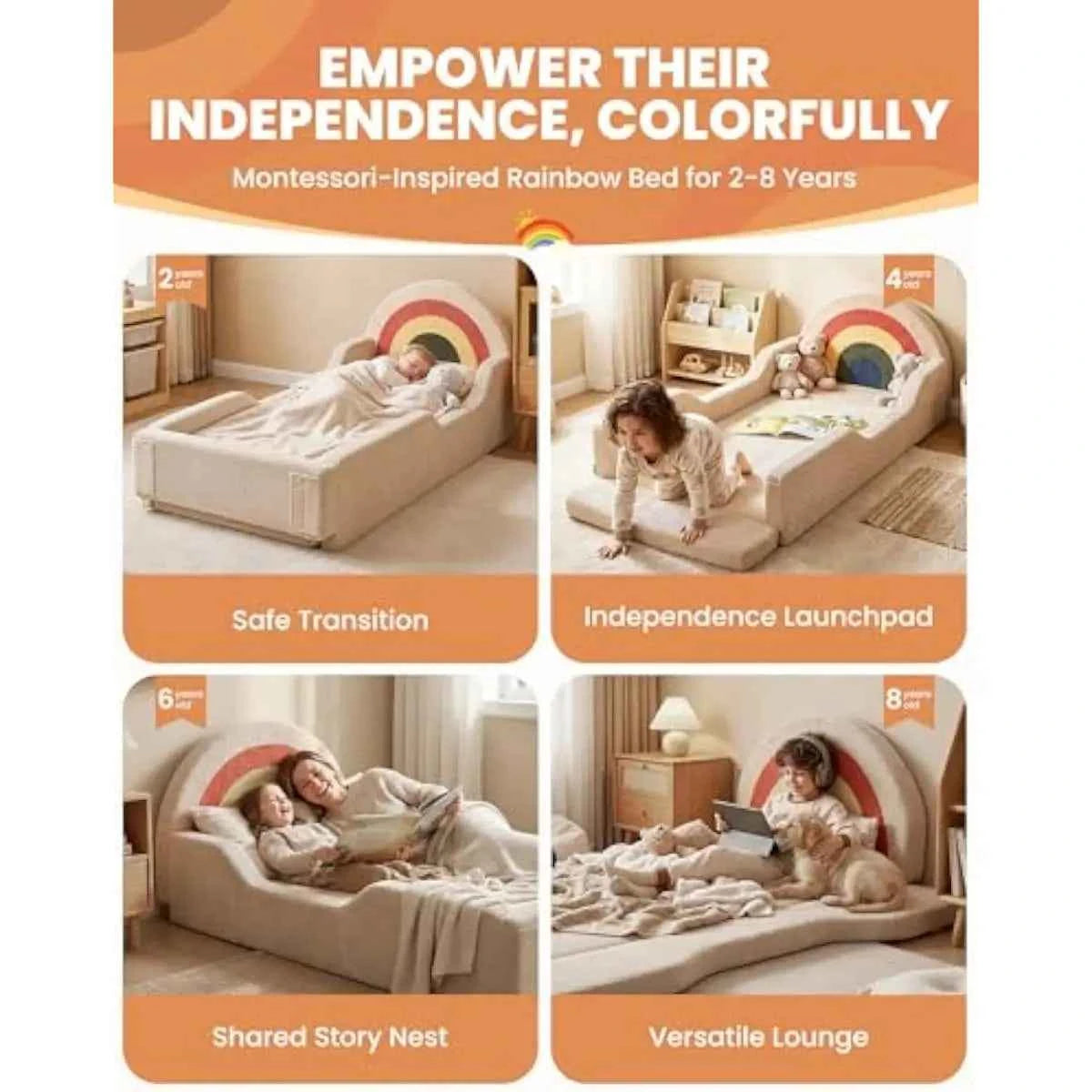 Soft Foam Toddler Floor Bed with Rainbow Headboard and Fold-Down Sides – No Assembly Required – Includes Integrated Mattress – B