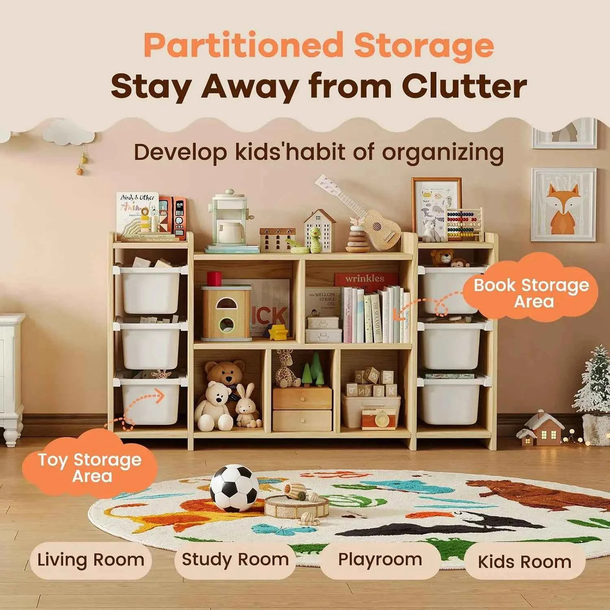 Montessori Kids Bookshelf and Toy Storage Organizer with 8 Shelves and 6 Removable Bins, 100% Solid Pine Wood. Toy Organizers and Storage for Kids Rooms, Playroom, Nursery