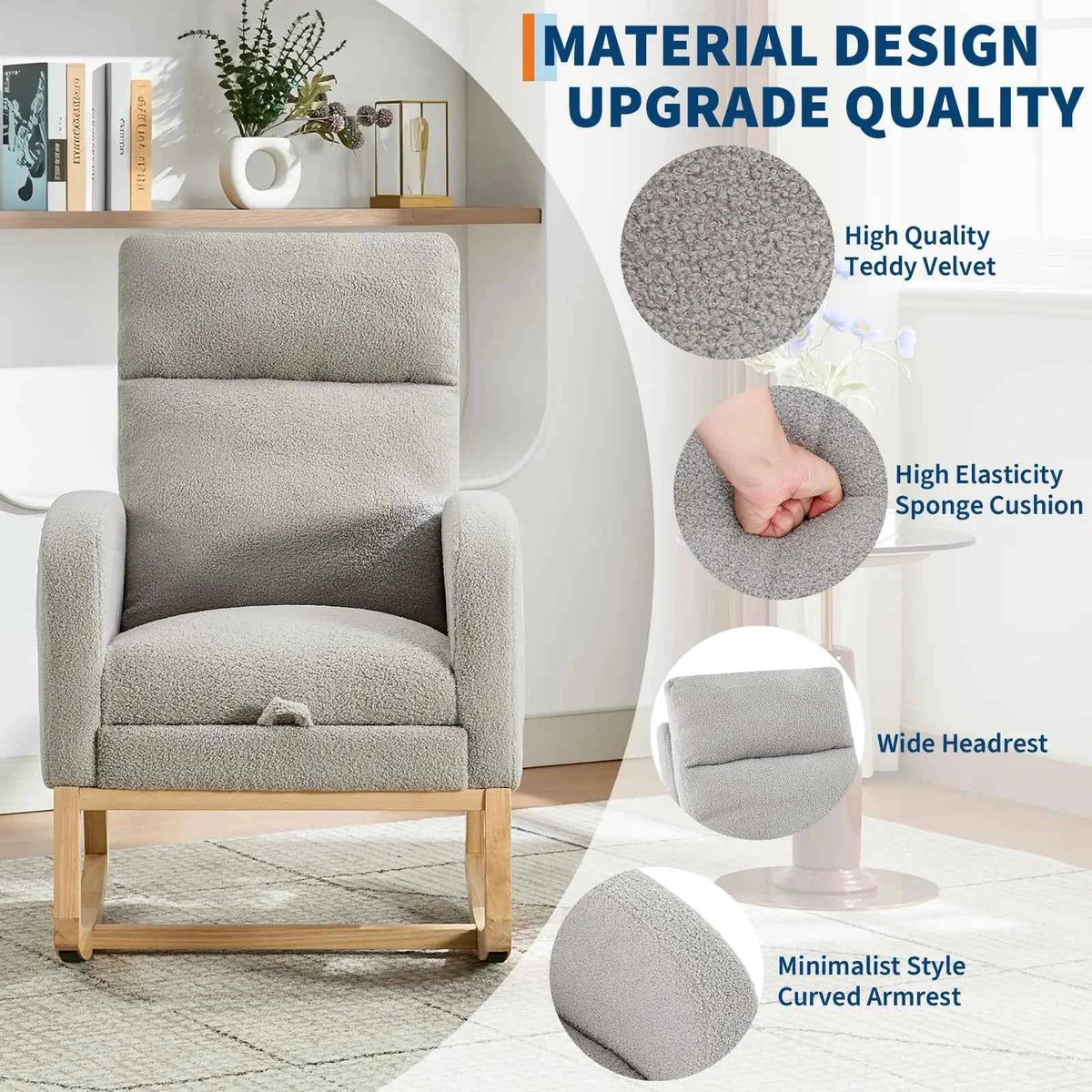 Modern Nursery Rocking Chair, Teddy Upholstered Rocking Chair with Footrest, & with Side Pocket, Rocker Glider for Living Room, Bedroom, Nursing Room