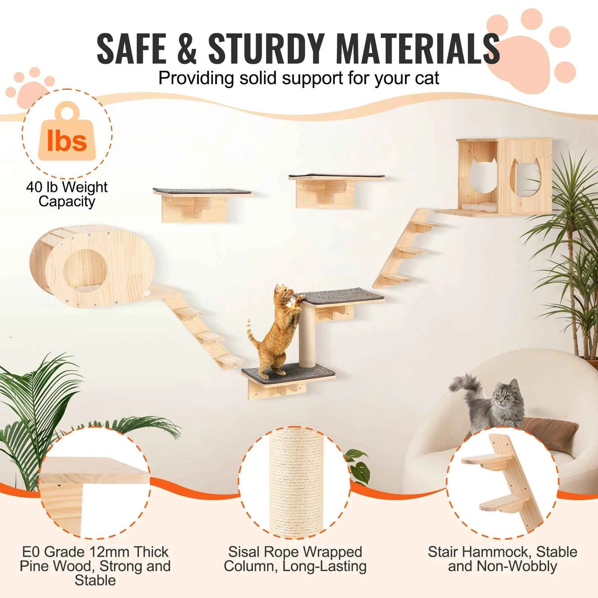 SucceBuy Wall Mounted Cat Shelves  and Perches with Jumping Boards, Hammocks & Cat Tree, Cat Furniture and Shelves
