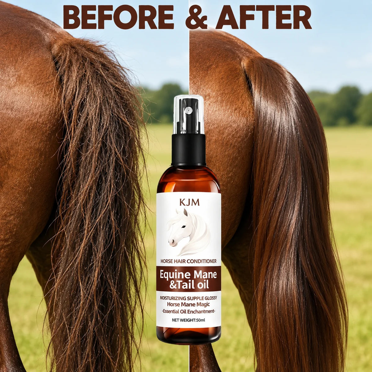 KJM Horse Mane Detangling Spray. All Breeds, Plant Extract Quick Moist Non Greasy Shiny Equine Daily Groom Spray