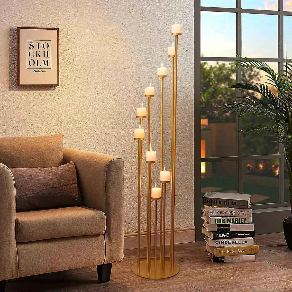 2pcs 9 Arm Candelabra Floor Candle Holders .Tall Set for Wedding. Gold Candelabras Candle Stand