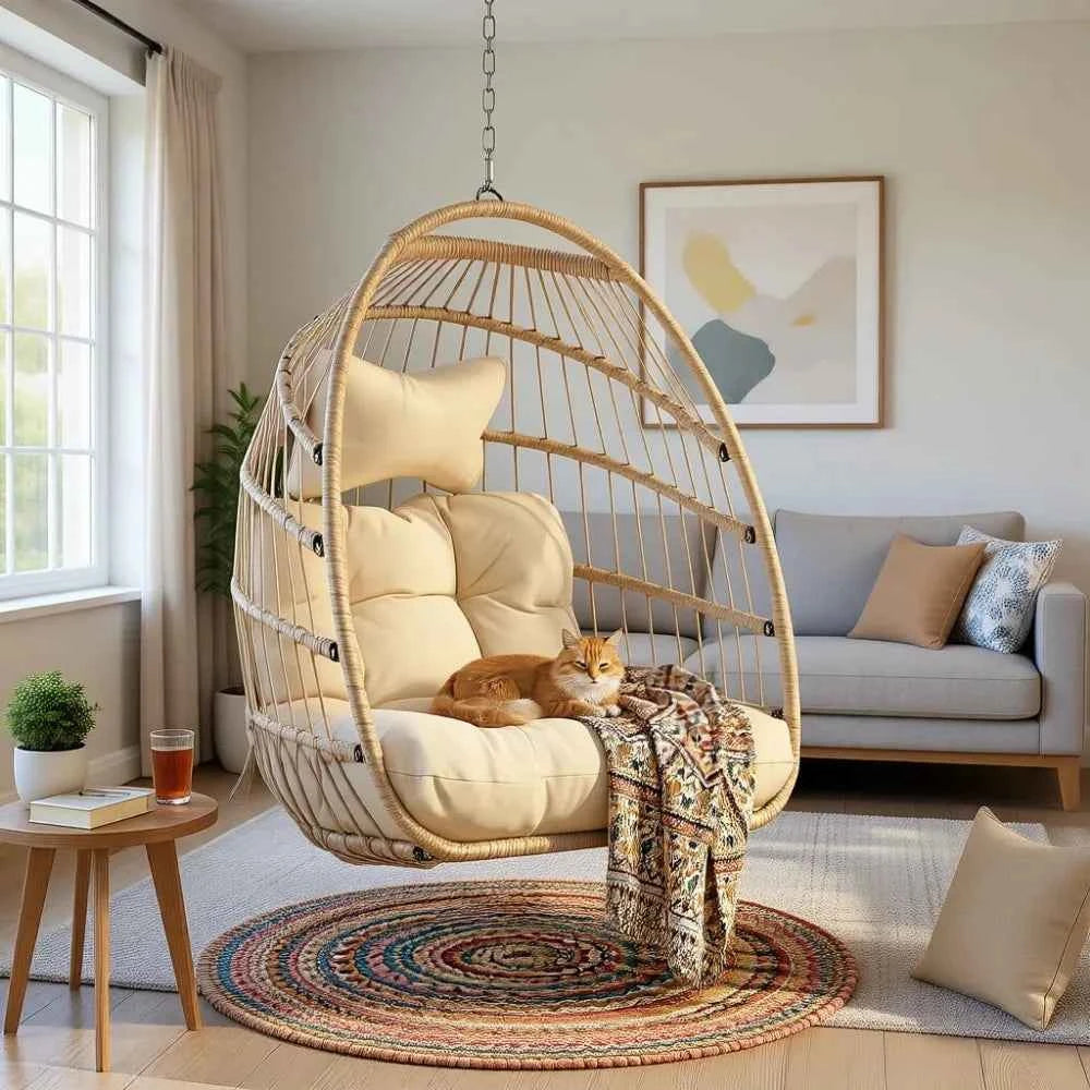 Patio Wicker Swing Egg Chair with Padded Cushion, 350 Lbs Capacity for Indoor or Outdoor Balcony Use