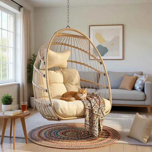 Patio Wicker Swing Egg Chair with Padded Cushion, 350 Lbs Capacity for Indoor or Outdoor Balcony Use