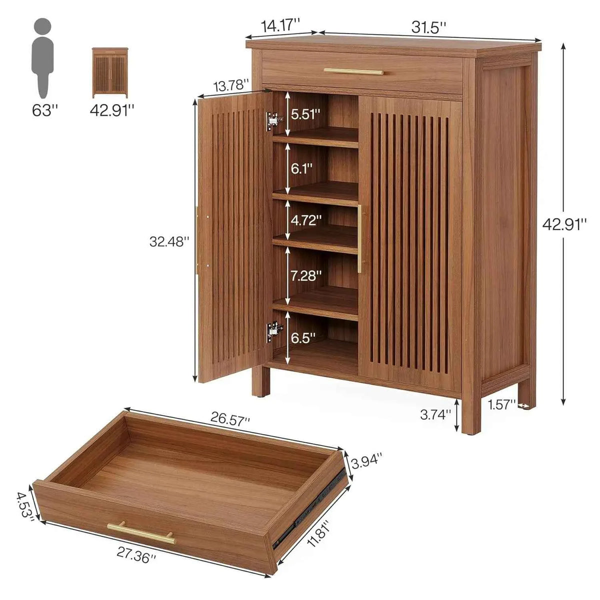 5-Tier Freestanding Shoe Cabinet.  Wooden Shoe Storage Organizer with Louvered Doors And Drawer. Customizable