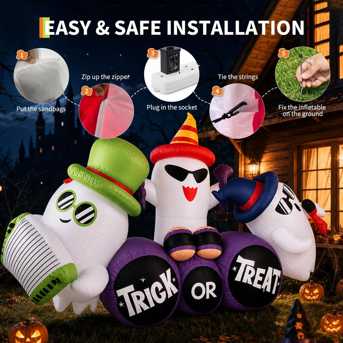 8ft Halloween Ghost Band. Inflatable Outdoor Yard Decoration With 6 Led Lights, Trick Or Treat Blow Up For the Lawn.