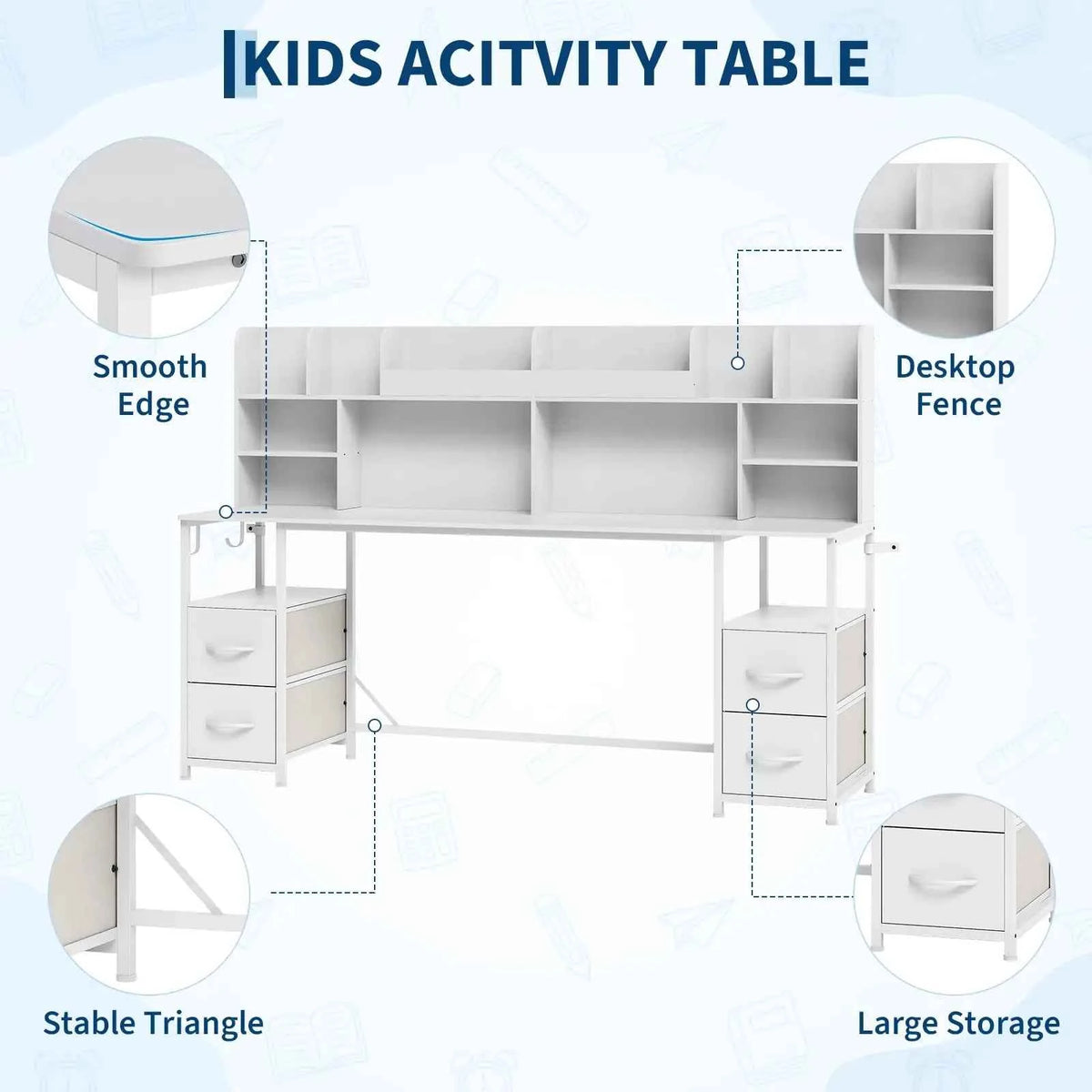 69 inch Double Kids Desk & Chair Set With Hutch, 4 Drawers, Shelves & Hooks, 2-Person Study Table Ages 6-12 Bedroom Playroom