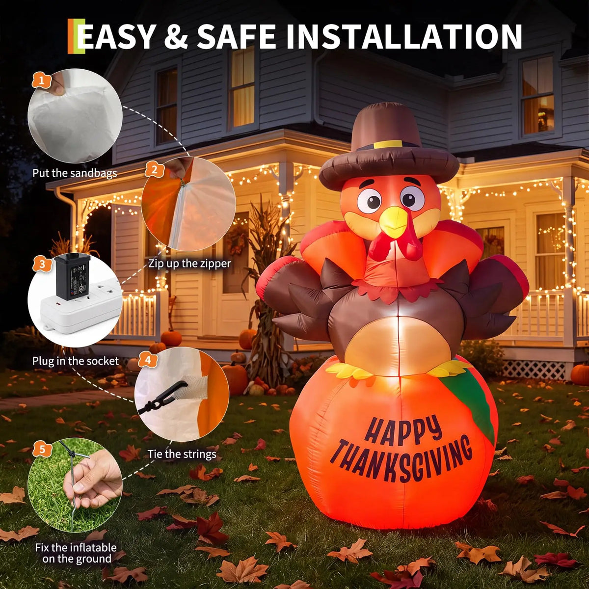 6ft Inflatable Thanksgiving Pumpkin and Turkey, With 7 Led Lights, Blower, Stakes & Ropes For Lawn, Porch, Garden.