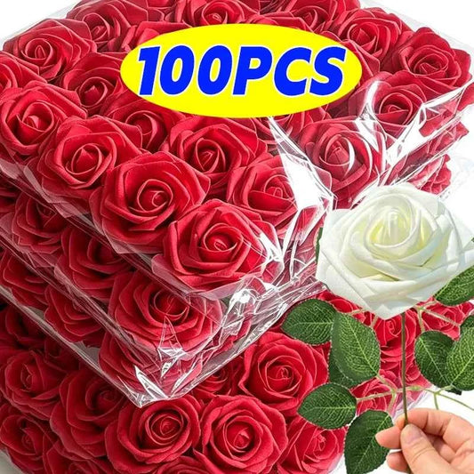 5-100pcs Fake Rose Flower Green Leaves for Valentine's Day ,Wedding, Birthday Party. Artificial Roses Heads with Stems Supplies