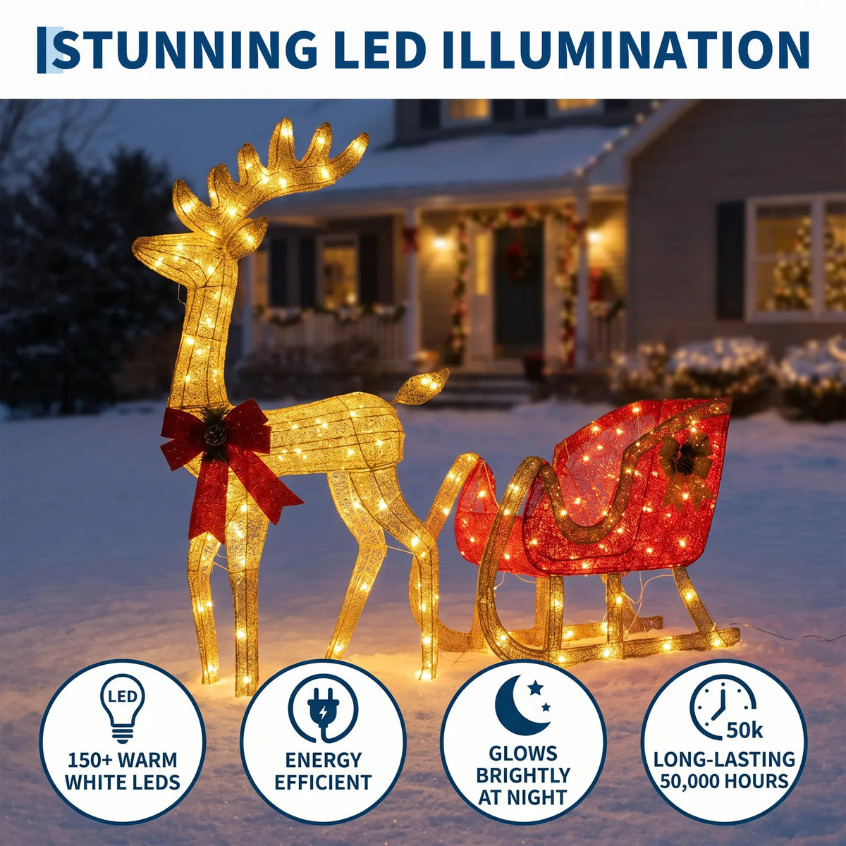 4ft Lighted Christmas Reindeer and Sleigh Outdoor Yard Decoration Set. Pre Lit White LED Holiday Display for Lawn Ornament for Winter Festival