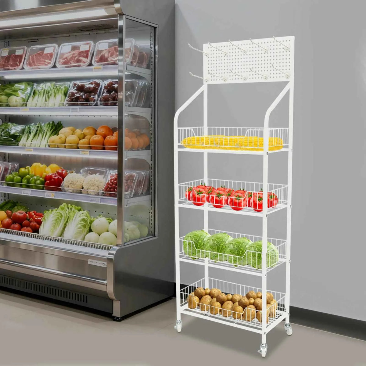 4-Tier Retail Display Rack Stand Snack Rack，Strong Bearing Capacity Iron Stand， Fruits, Toys, Food Display Organizer Stand