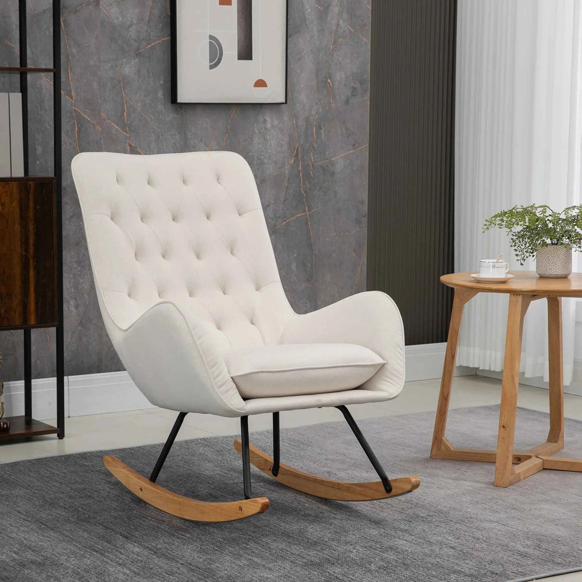 Diamond Padded Tufted High Back Accent Seat with Wooden Rockers and Low Armrest
