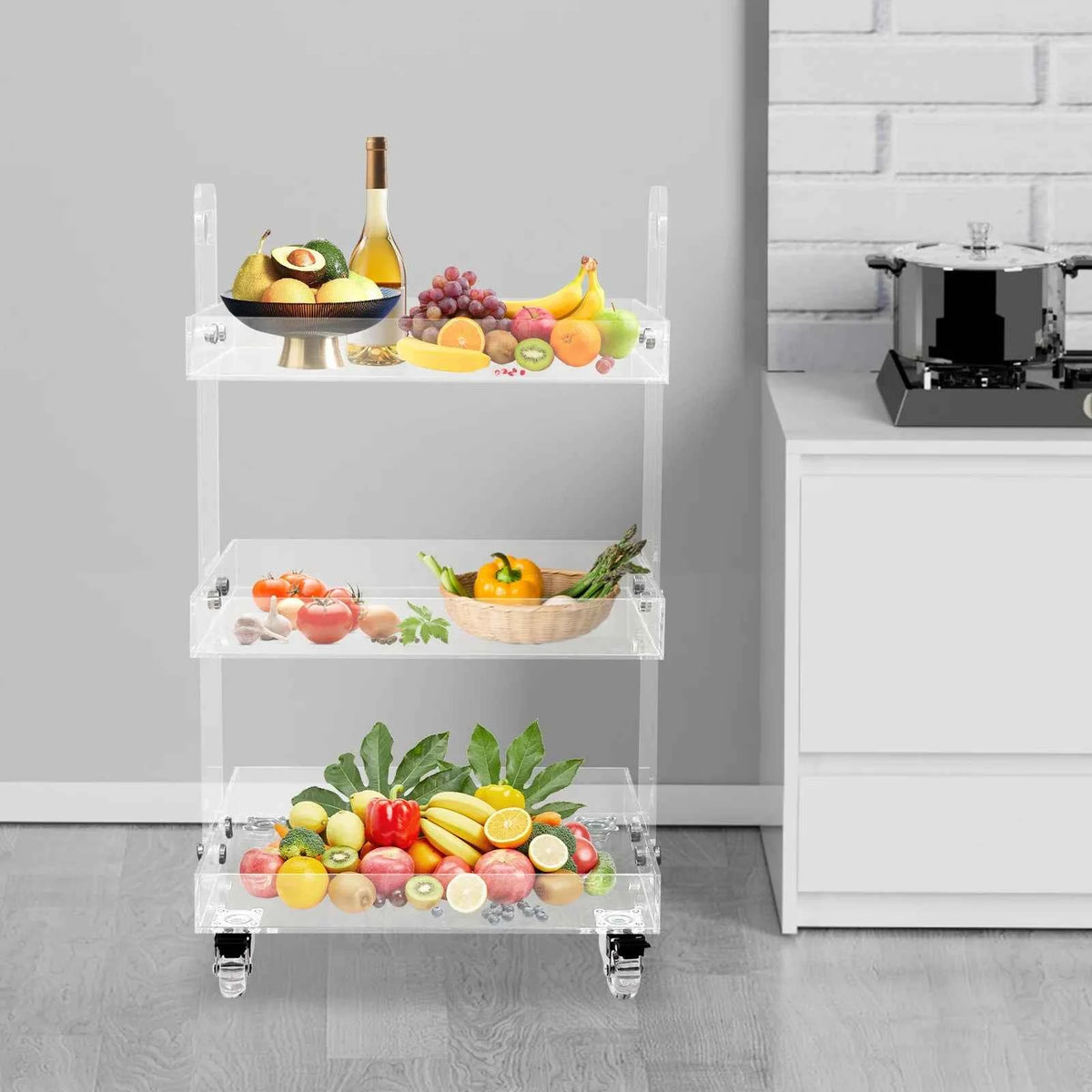 -Tier Acrylic Mobile Storage Cart with Wheels Clear Multifunctional Utility Rolling Trolley and is 41.6x34x70cm