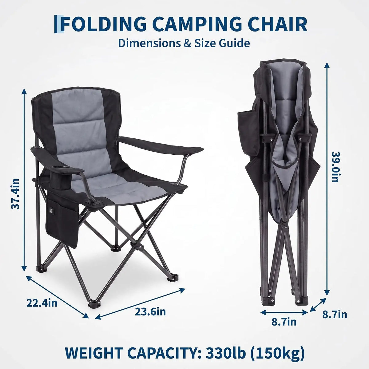 Heated Camping Chair For Adults, Dual-Zone Seat & Back, 3 Heat Levels, Folding Chair With Cup Holder & Storage Pockets, USB Powered