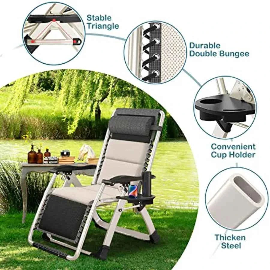 Padded Zero Gravity Chair, Folding Outdoor Lounge Chairs Adjustable Reclining Camping Chairs with Cup Holder Ergonomic