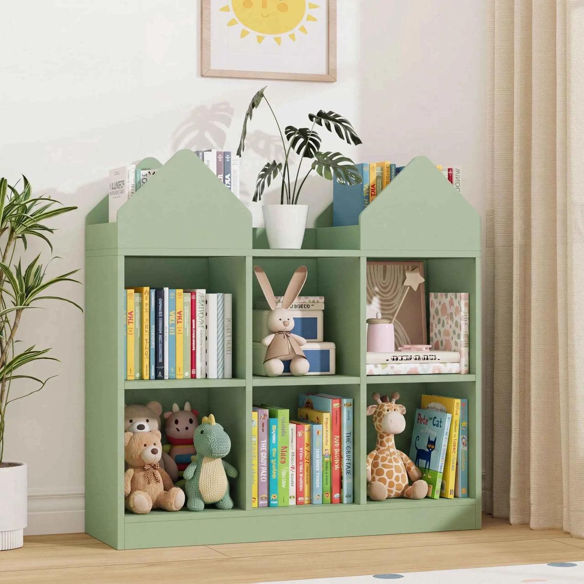Kids Bookshelf And Toy Storage Organizer With 4 Book Racks, 6 Open Cubbies, Castle Design.
