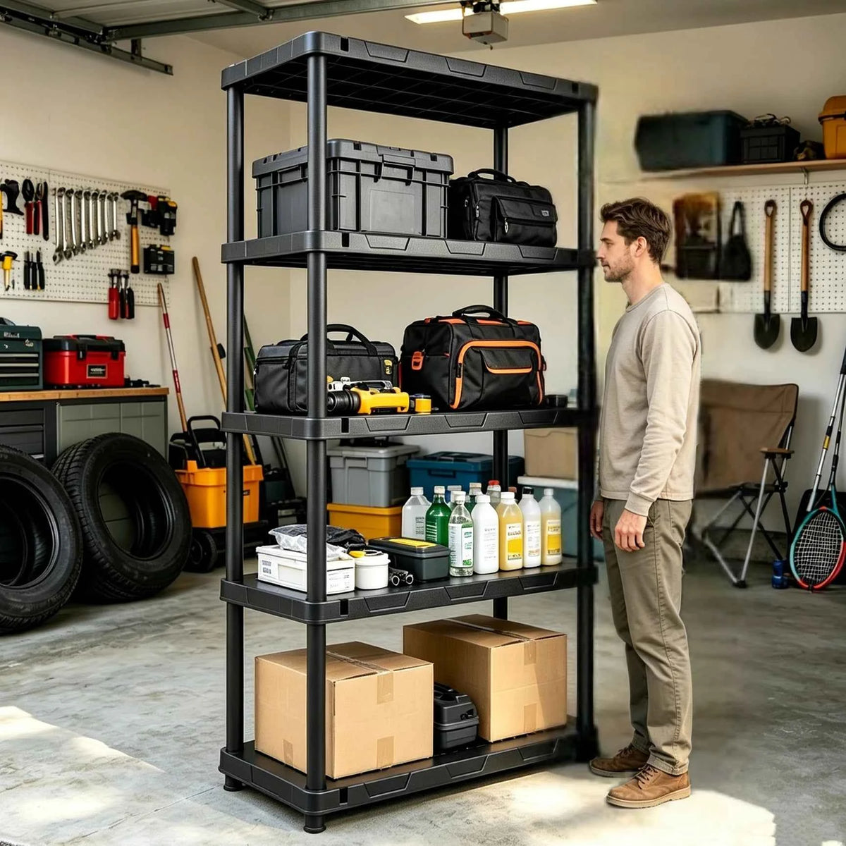 4 & 5 Tier Plastic Storage Shelving Unit, Heavy Duty Black PP Utility Rack, 3 Sizes Available Waterproof Organizer.