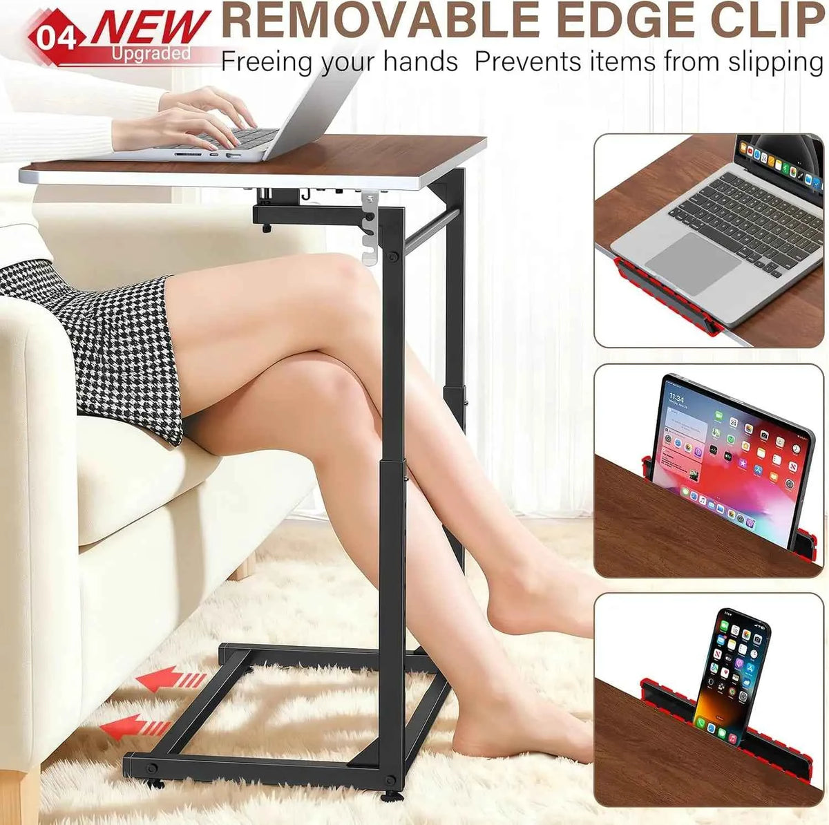 Extra Large Heavy Duty TV Tray Table, 23.6" Folding C-Shaped. Laptop Desk.  Height & Tilt Adjustable. End Table with Phone/Tablet Slot, Easy Clean. Walnut Finish