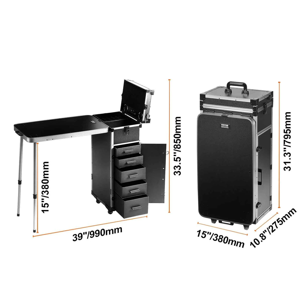 SucceBuy Professional Makeup Train Case Aluminum Cosmetic Case Workbench With Supporting Legs Rolling Makeup Case Extra Large