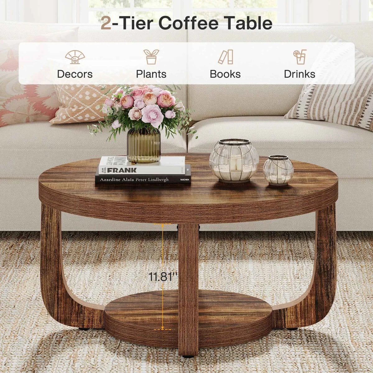 Tribesigns Round Coffee Table, 2-Tier Circle Coffee Table with Storage, Modern Wooden Accent Center Table for Living Room