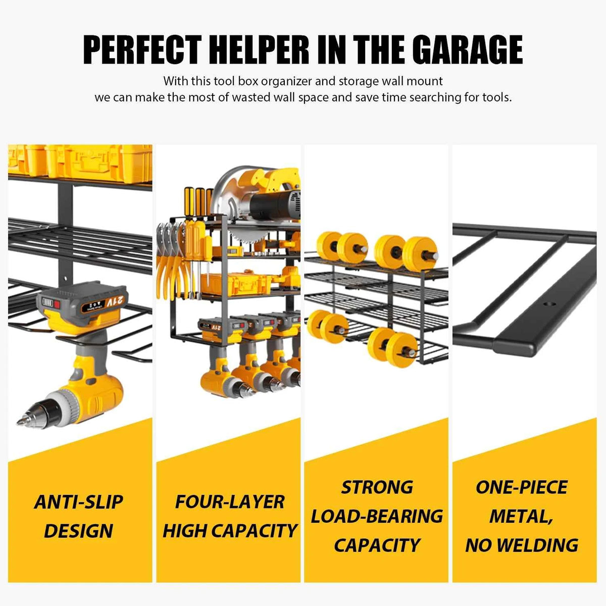 Power Tool Storage Rack 4 Layers Organizer-8 Tool Floating Shelf Wall Mount Heavy Duty Iron Drill Holder for Workbench