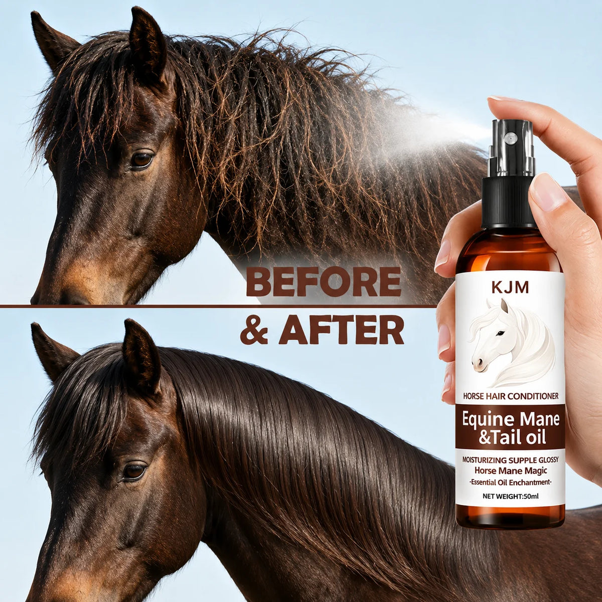 KJM Horse Mane Detangling Spray. All Breeds, Plant Extract Quick Moist Non Greasy Shiny Equine Daily Groom Spray