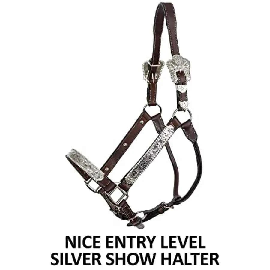 Beaded Silver Plated Show Halter for Horses with Lead. Dark Oiled Leather with Cream Accent Stitching. Silver Plated Cheeks, Nose, & Buckles